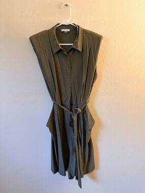 Calvin Klein Sleeveless Button-Front Olive Green Romper with Tie Waist